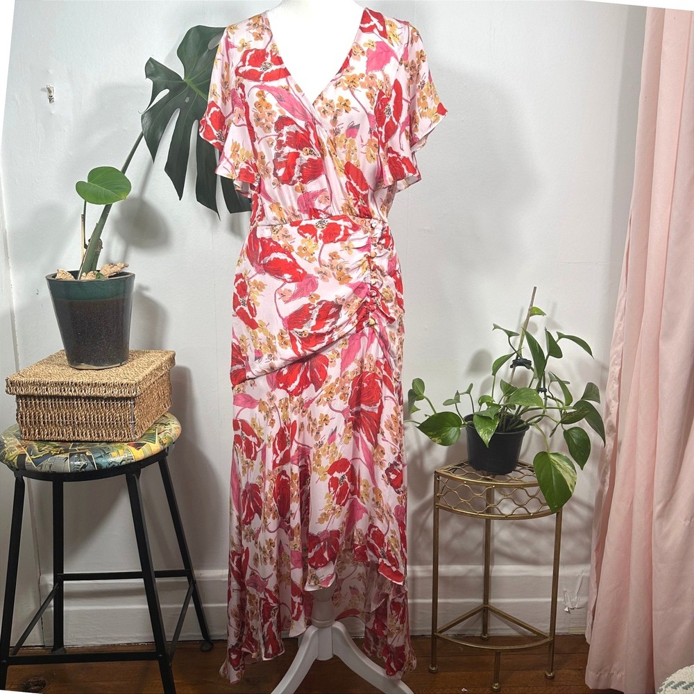 Parker Womens 8 Pink Red Floral 100% Silk Dress Flutter Sleeve Ruffle Maxi
